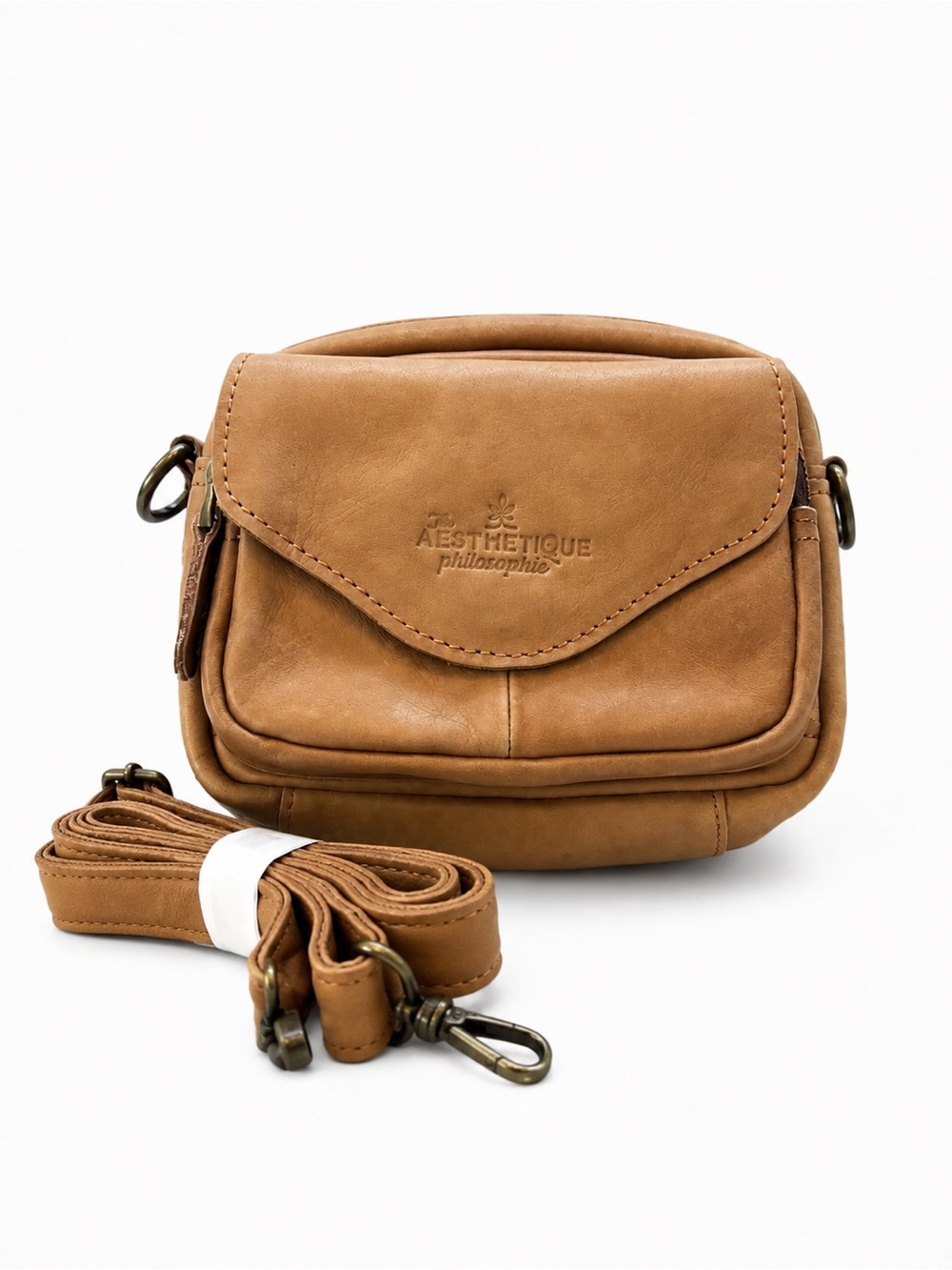 NWT Aesthetique Philosophy Genuine Leather Mini Crossbody Bag Tan Convertible Wa